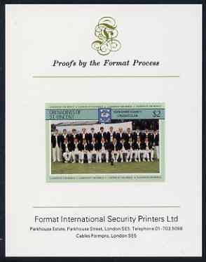 St Vincent - Grenadines 1985 Cricketers #3 - $2 Yorkshire Team - imperf proof mounted on Format International proof card (as SG 369), stamps on cricket, stamps on sport