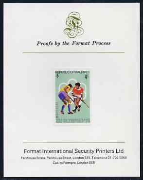 Maldive Islands 1976 Montreal Olympics 4l (Field-Hockey) imperf proof mounted on Format International proof card (as SG 657), stamps on sport, stamps on field hockey, stamps on olympics