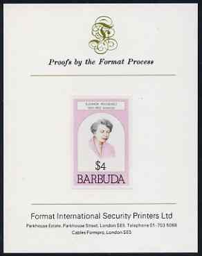 Barbuda 1981 Eleanor Roosevelt $4 imperf proof mounted on Format International proof card (as SG 549), stamps on personalities, stamps on americana, stamps on women