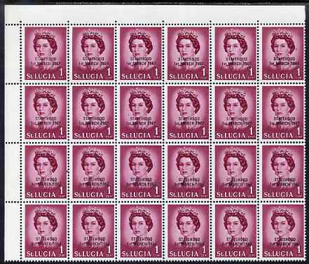 St Lucia 1967 unissued 1c with Statehood overprint in black, unmounted mint corner block of 24, one stamp with L flaw on R4/6, stamps on , stamps on  stamps on royalty