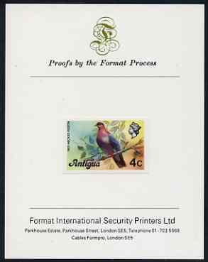 Antigua 1976 Red-necked pigeon 4c (without imprint) imperf proof mounted on Format International proof card (as SG 473A), stamps on birds, stamps on pigeons