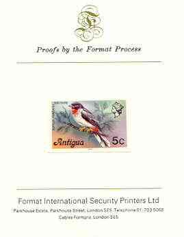 Antigua 1976 Solitaire Bird 5c (with imprint) imperf proof mounted on Format International proof card (as SG 474B), stamps on birds