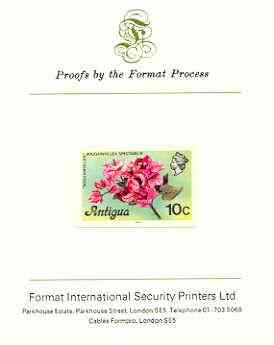Antigua 1976 Bougainvillea 10c (with imprint) imperf proof mounted on Format International proof card (as SG 476B), stamps on , stamps on  stamps on flowers, stamps on  stamps on trees, stamps on  stamps on shrubs