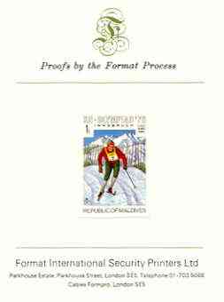 Maldive Islands 1976 Winter Olympics 1l (Cross Country Skiing) imperf proof mounted on Format International proof card (as SG 624), stamps on sport, stamps on olympics, stamps on skiing, stamps on 