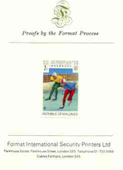 Maldive Islands 1976 Winter Olympics 2l (Speed Skating) imperf proof mounted on Format International proof card (as SG 625), stamps on sport, stamps on olympics, stamps on skating, stamps on 
