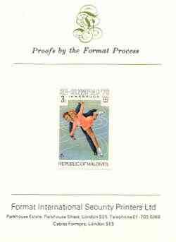 Maldive Islands 1976 Winter Olympics 3l (Pairs Ice Skating) imperf proof mounted on Format International proof card (as SG 626), stamps on sport, stamps on olympics, stamps on skating, stamps on 