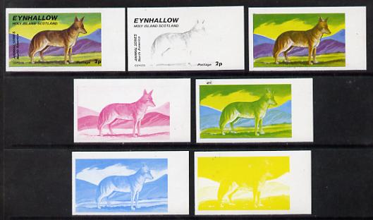 Eynhallow 1977 North American Animals 2p (Coyote) set of 7 imperf progressive colour proofs comprising the 4 individual colours plus 2, 3 and all 4-colour composites unmounted mint, stamps on , stamps on  stamps on animals