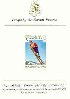 Maldive Islands 1976 Winter Olympics 5l (Ski Jumping) imperf proof mounted on Format International proof card (as SG 628), stamps on sport, stamps on olympics, stamps on skiing, stamps on 