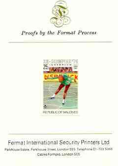 Maldive Islands 1976 Winter Olympics 25l (Figure Skating) imperf proof mounted on Format International proof card (as SG 629), stamps on sport, stamps on olympics, stamps on skating, stamps on 