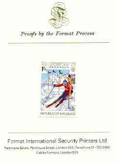 Maldive Islands 1976 Winter Olympics 1r15 (Slalom Skiing) imperf proof mounted on Format International proof card (as SG 630), stamps on sport, stamps on olympics, stamps on skiing, stamps on 