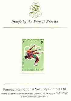 Maldive Islands 1976 Montreal Olympics 1l (Wrestling) imperf proof mounted on Format International proof card (as SG 654), stamps on sport, stamps on olympics, stamps on wrestling