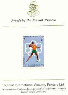 Maldive Islands 1976 Montreal Olympics 2l (Shot Putt) imperf proof mounted on Format International proof card (as SG 655), stamps on , stamps on  stamps on sport, stamps on olympics, stamps on shot    