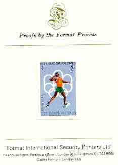Maldive Islands 1976 Montreal Olympics 2l (Shot Putt) imperf proof mounted on Format International proof card (as SG 655), stamps on sport, stamps on olympics, stamps on shot, stamps on 