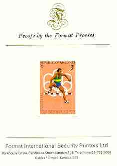 Maldive Islands 1976 Montreal Olympics 3l (Hurdling) imperf proof mounted on Format International proof card (as SG 656), stamps on , stamps on  stamps on sport, stamps on hurdles, stamps on olympics