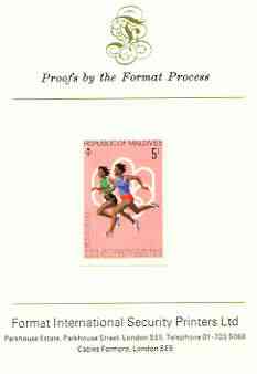 Maldive Islands 1976 Montreal Olympics 5l (Running) imperf proof mounted on Format International proof card (as SG 658), stamps on sport, stamps on olympics, stamps on running