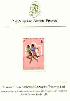 Maldive Islands 1976 Montreal Olympics 5l (Running) imperf proof mounted on Format International proof card (as SG 658), stamps on , stamps on  stamps on sport, stamps on olympics, stamps on running 