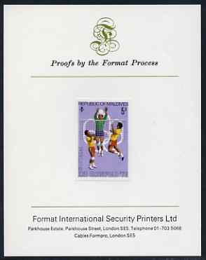 Maldive Islands 1976 Montreal Olympics 5r (Volleyball) imperf proof mounted on Format International proof card (as SG 661), stamps on sport, stamps on olympics, stamps on volleyball, stamps on 
