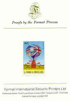 St Thomas & Prince Islands 1980 Balloons 1Db (Lunardi II) imperf proof mounted on Format International proof card, stamps on aviation, stamps on balloons
