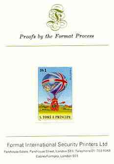 St Thomas & Prince Islands 1980 Balloons 1Db (Lunardi II) imperf proof mounted on Format International proof card, stamps on , stamps on  stamps on aviation, stamps on balloons