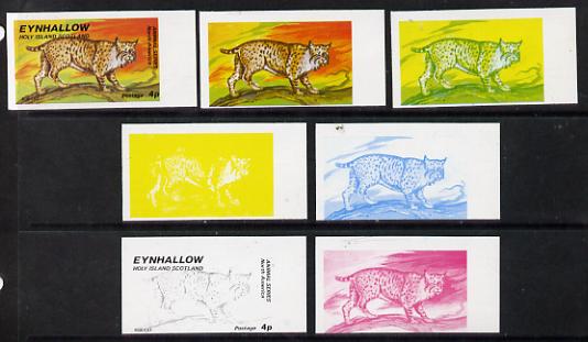 Eynhallow 1977 North American Animals 4p (Bob Cat) set of 7 imperf progressive colour proofs comprising the 4 individual colours plus 2, 3 and all 4-colour composites unmounted mint, stamps on animals, stamps on cats, stamps on bobcats