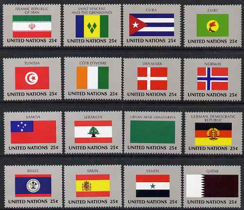 United Nations (NY) 1987 Flags of Member Nations #9 complete set of 16 unmounted mint, SG 537-52, stamps on flags