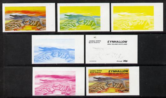 Eynhallow 1977 North American Animals 30p (Alligator) set of 7 imperf progressive colour proofs comprising the 4 individual colours plus 2, 3 and all 4-colour composites unmounted mint, stamps on animals, stamps on reptiles