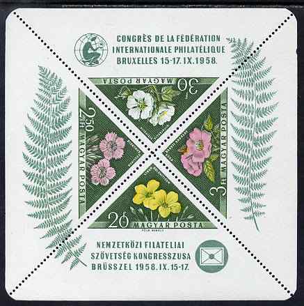 Hungary 1958 International Philatelic Federation Congress - Flowers perf m/sheet containing 4 triangulars unmounted mint SG MS 1533a, stamps on stamp exhibitions, stamps on flowers