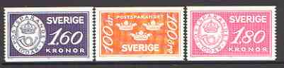 Sweden 1984 Centenary of Postal Savings set of 3 unmounted mint, SG 1180-82, stamps on , stamps on  stamps on postal, stamps on savings, stamps on  stamps on posthorns