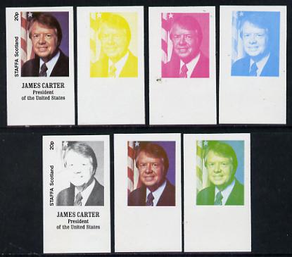 Staffa 1977 Carter/Mondale Inauguration 20p James Carter (President) set of 7 imperf progressive colour proofs comprising the 4 individual colours plus 2, 3 and all 4-colour composites unmounted mint, stamps on constitutions, stamps on , stamps on americana personalities, stamps on usa-presidents
