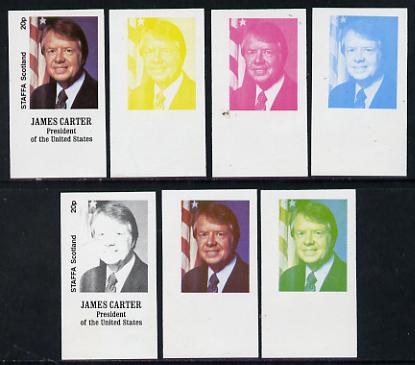 Staffa 1977 Carter/Mondale Inauguration 20p James Carter (President) set of 7 imperf progressive colour proofs comprising the 4 individual colours plus 2, 3 and all 4-colour composites unmounted mint, stamps on , stamps on  stamps on constitutions        americana personalities    usa-presidents