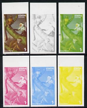 Staffa 1977 Wild Animals 1p (Squirrel & Capuchin Monkeys) set of 6 imperf progressive colour proofs comprising the 4 individual colours plus 2 and all 4-colour composites..., stamps on animals     apes