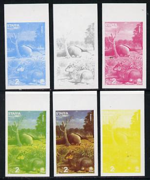 Staffa 1977 Wild Animals 2p (Mara & Anteater) set of 6 imperf progressive colour proofs comprising the 4 individual colours plus 2 and all 4-colour composites unmounted m..., stamps on animals