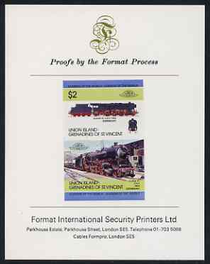 St Vincent - Union Island $2 Locomotive class 01 (4-6-2) imperf se-tenant proof pair mounted on Format International proof card, stamps on railways