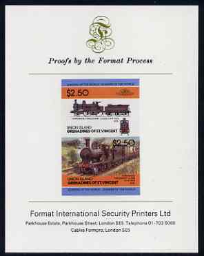 St Vincent - Union Island $2.50 Locomotive Hardwicke Precedent imperf se-tenant proof pair mounted on Format International proof card, stamps on , stamps on  stamps on railways