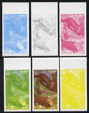 Staffa 1977 Wild Animals 3p (Bush Dog & Tayra) set of 6 imperf progressive colour proofs comprising the 4 individual colours plus 2 and all 4-colour composites unmounted mint, stamps on animals