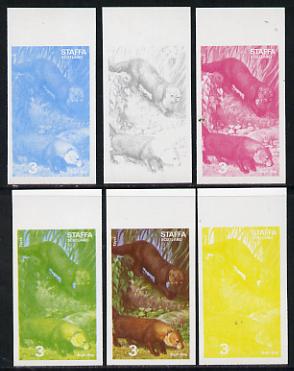 Staffa 1977 Wild Animals 3p (Bush Dog & Tayra) set of 6 imperf progressive colour proofs comprising the 4 individual colours plus 2 and all 4-colour composites unmounted mint, stamps on , stamps on  stamps on animals