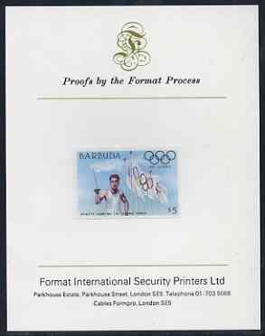 Barbuda 1984 Olympic Games $5 (Flag & Torch) imperf proof mounted on Format International proof card (as SG 733), stamps on , stamps on  stamps on sport, stamps on olympics