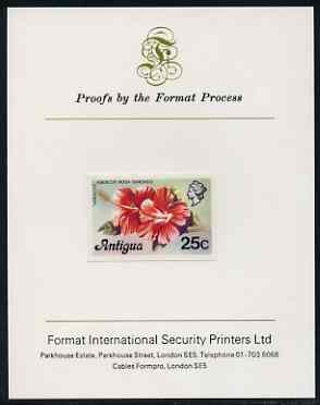 Antigua 1976 Hibiscus 25c (without imprint) imperf proof mounted on Format International proof card (as SG 479A), stamps on flowers