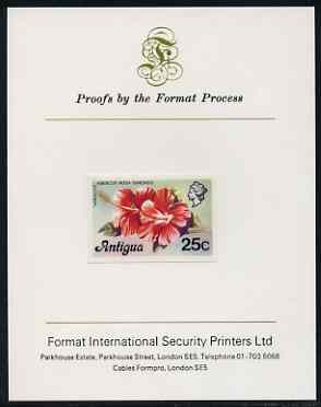 Antigua 1976 Hibiscus 25c (without imprint) imperf proof mounted on Format International proof card (as SG 479A), stamps on , stamps on  stamps on flowers