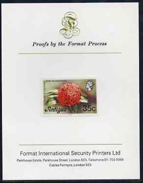 Antigua 1976 Flames of the Wood 35c (with imprint) imperf proof mounted on Format International proof card (as SG 480B), stamps on flowers