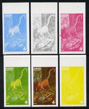 Staffa 1977 Wild Animals 4p (Grison & Coati) set of 6 imperf progressive colour proofs comprising the 4 individual colours plus 2 and all 4-colour composites unmounted mint, stamps on animals