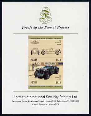 Nevis 1985 $1.15 MG K3 Magnette (1933) imperf se-tenant proof pair mounted on Format International proof card (as SG 332a), stamps on , stamps on  stamps on cars, stamps on  stamps on  mg , stamps on  stamps on 