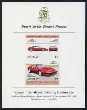 St Vincent 1983 $2 Ferrari Boxer,512BB (1976) imperf se-tenant proof pair mounted on Format International proof card (as SG 737a), stamps on cars, stamps on ferrari