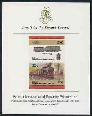 St Vincent - Bequia 1985 Locomotives #3 (Leaders of the World) 25c (0-8-0 Class G2) imperf se-tenant proof pair mounted on Format International proof card, stamps on railways