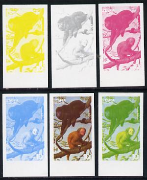 Staffa 1977 Wild Animals 10p (Red Faced Uakari & Howler Monkey) set of 6 imperf progressive colour proofs comprising the 4 individual colours plus 2 and all 4-colour composites unmounted mint, stamps on animals, stamps on apes