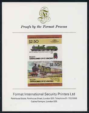 St Vincent - Bequia 1984 Locomotives #2 (Leaders of the World) $2.50 (4-4-0 Earl of Berkeley) imperf se-tenant proof pair mounted on Format International proof card, stamps on railways