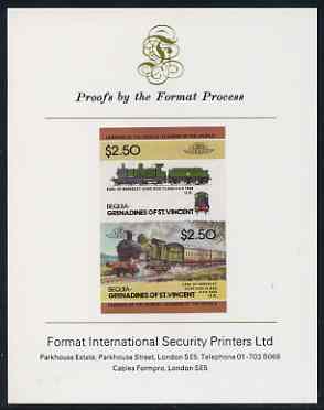 St Vincent - Bequia 1984 Locomotives #2 (Leaders of the World) $2.50 (4-4-0 Earl of Berkeley) imperf se-tenant proof pair mounted on Format International proof card, stamps on , stamps on  stamps on railways