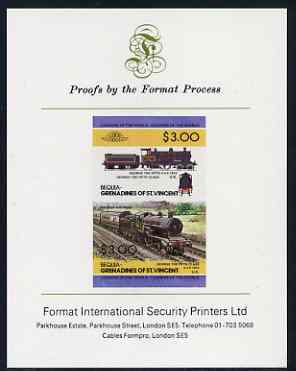 St Vincent - Bequia 1984 Locomotives #2 (Leaders of the World) $3.00 (4-4-0 George the Fifth) imperf se-tenant proof pair mounted on Format International proof card, stamps on , stamps on  stamps on railways