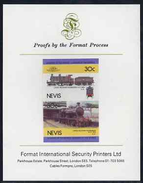 Nevis 1985 Locomotives #4 (Leaders of the World) Belpaire 4-4-0 30c imperf se-tenant proof pair mounted on Format International proof card, stamps on railways