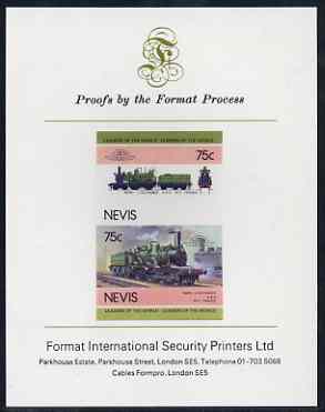 Nevis 1985 Locomotives #4 (Leaders of the World) Nord L'outrance 75c imperf se-tenant proof pair mounted on Format International proof card, stamps on railways